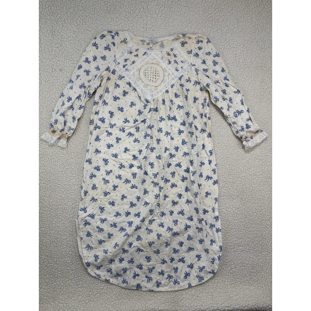 Vtg Willow Creek Flannel Nightgown Sleep Dress Bows Lace Cottage Granny Modest